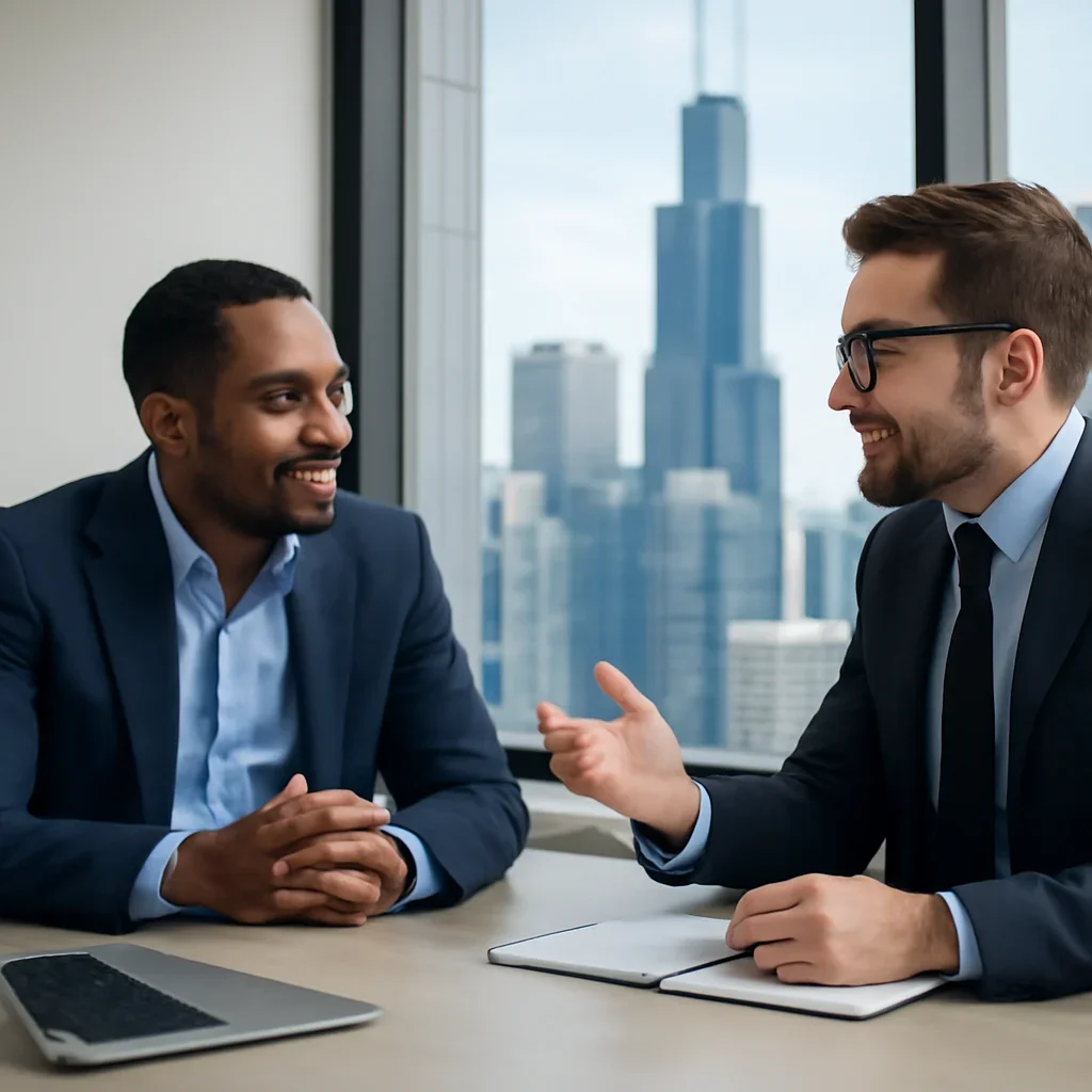Business owner discussing Digital Marketing in Chicago, IL growth goals with a consultant