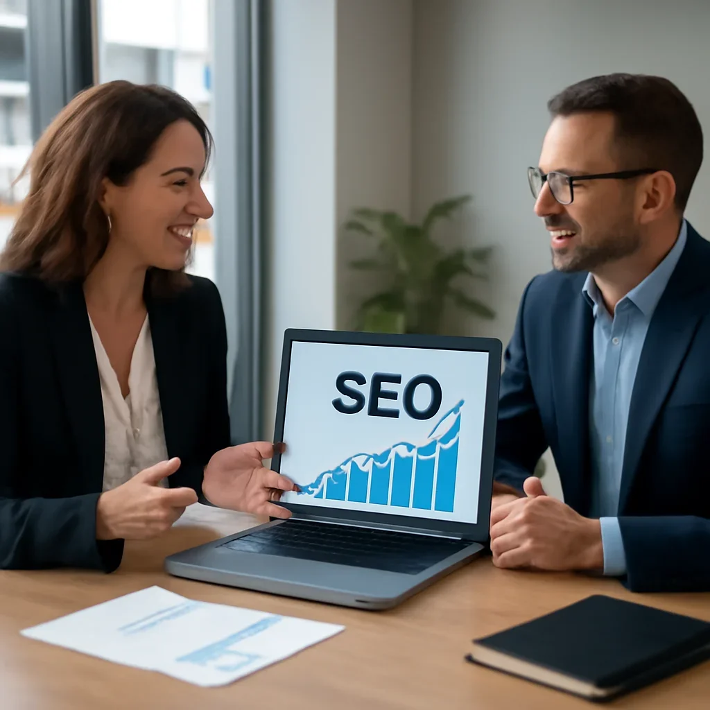 Business owner discussing SEO in Cincinnati, OH growth goals with a consultant