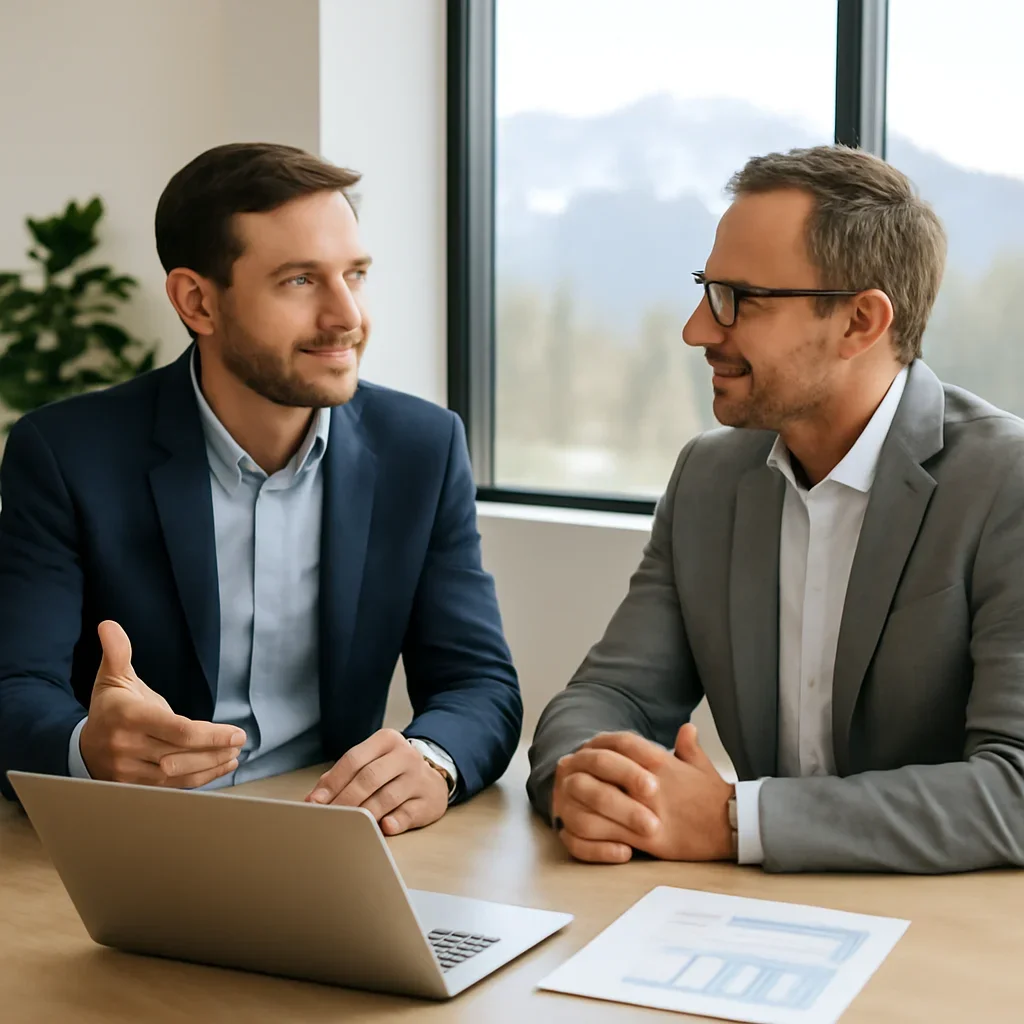 Business owner discussing SEO in Colorado growth goals with a consultant