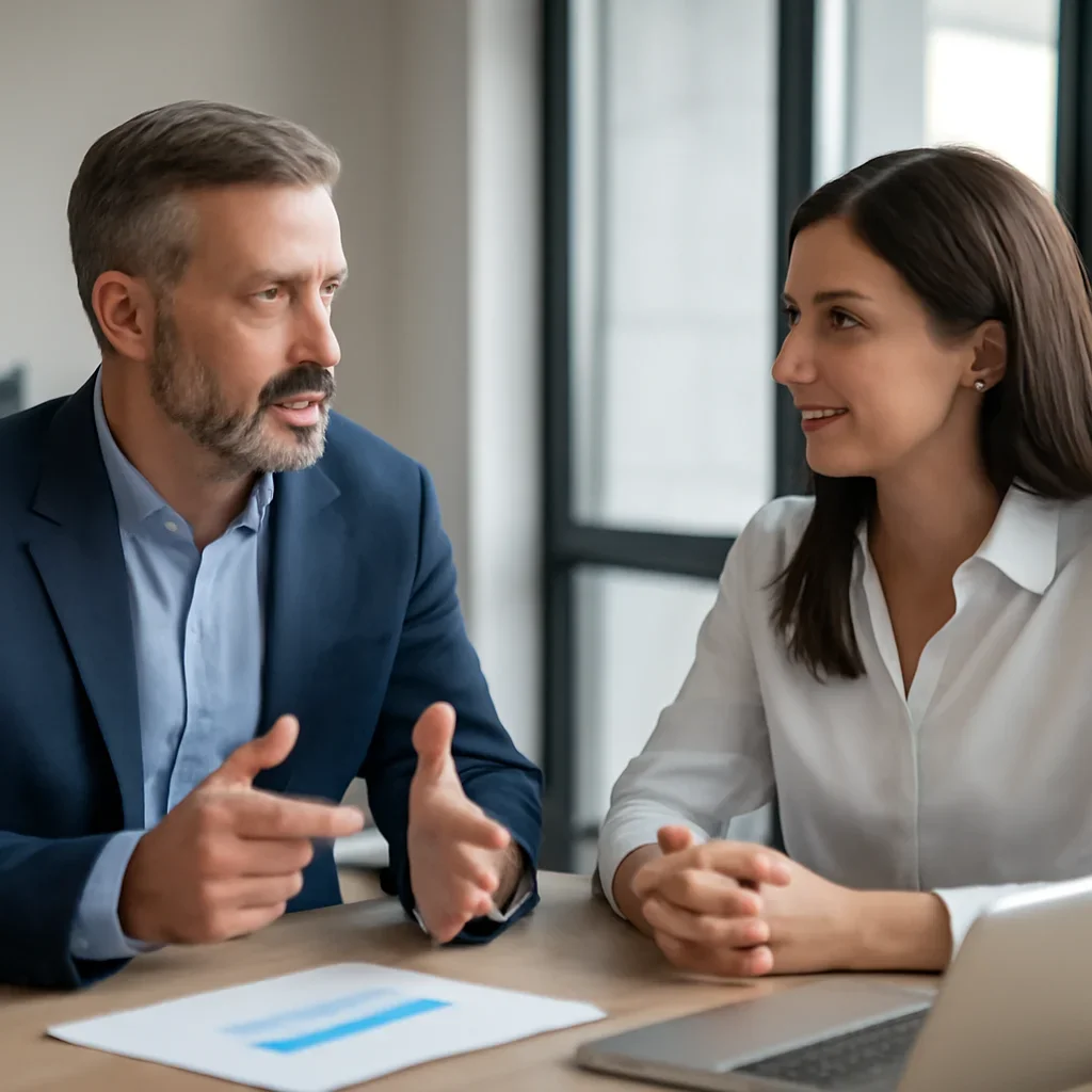 Business owner discussing SEO in Connecticut growth goals with a consultant