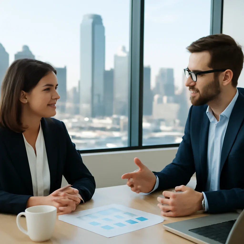Business owner discussing SEO in Dallas, TX growth goals with a consultant