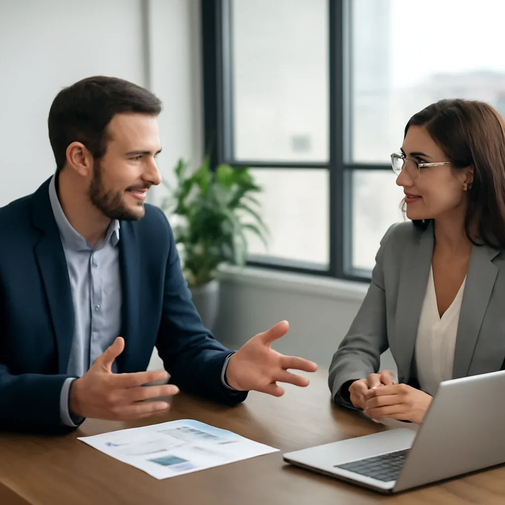 Business owner discussing Branding in Delaware growth goals with a consultant