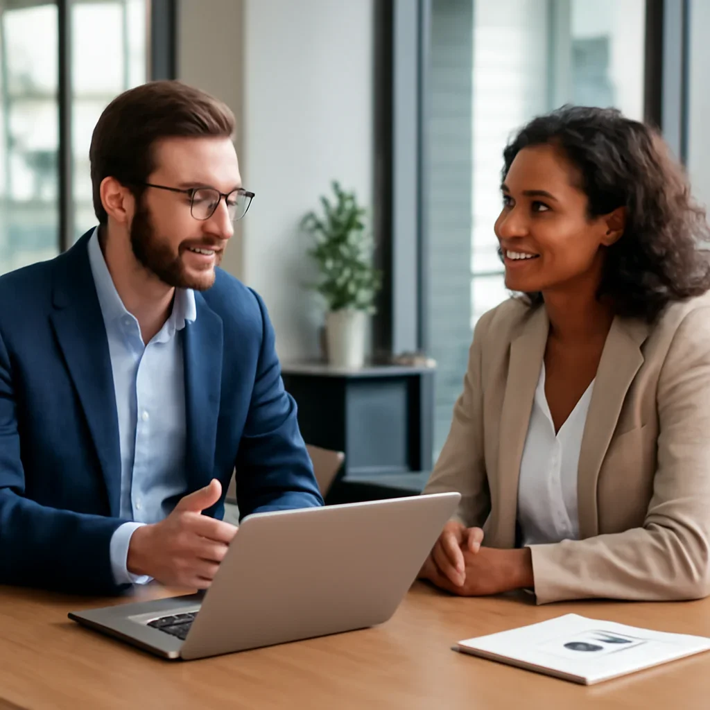 Business owner discussing SEO in Delaware growth goals with a consultant