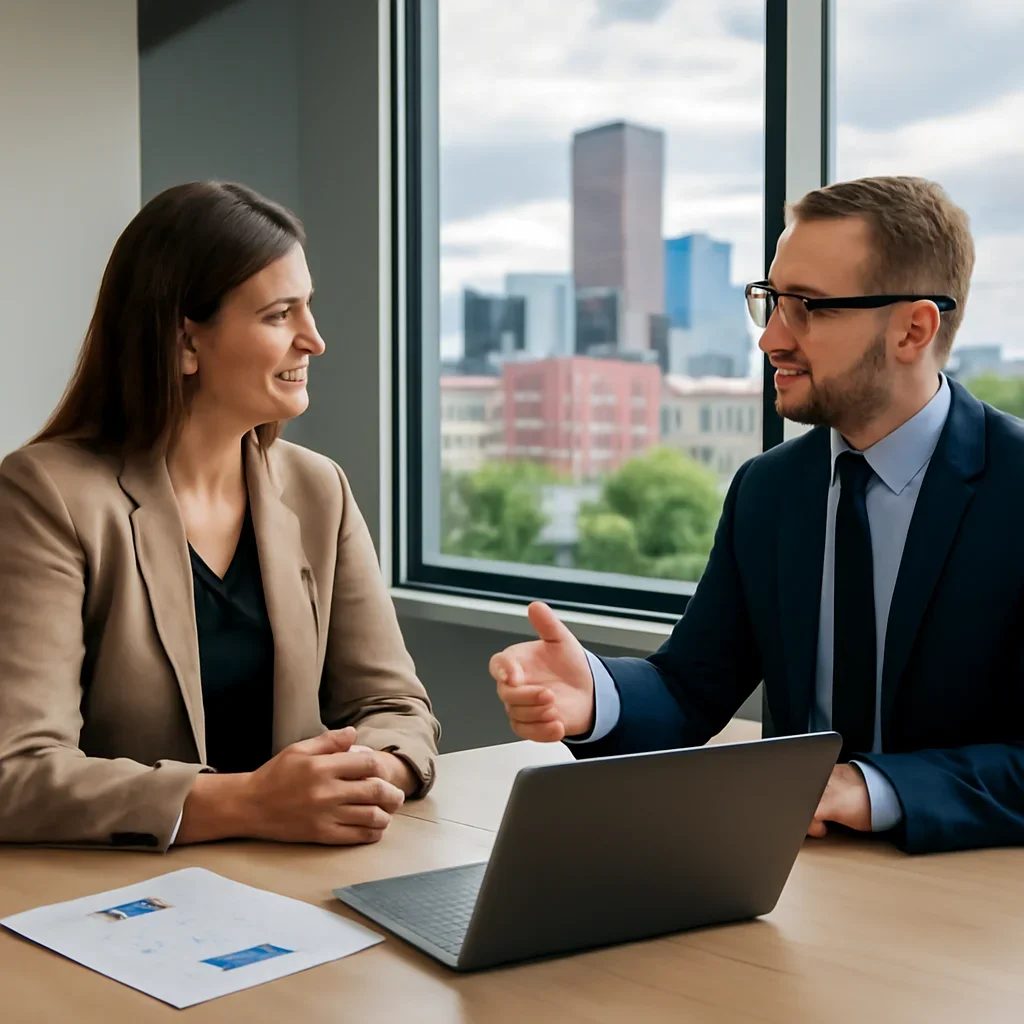 Business owner discussing SEO in Denver, CO growth goals with a consultant