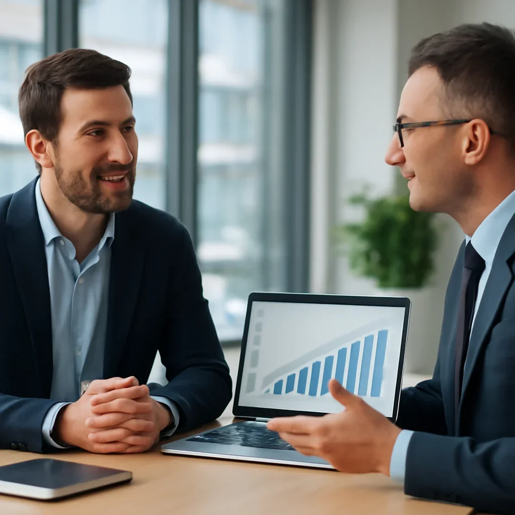 Business owner discussing Digital Marketing Services in the USA growth goals with a consultant