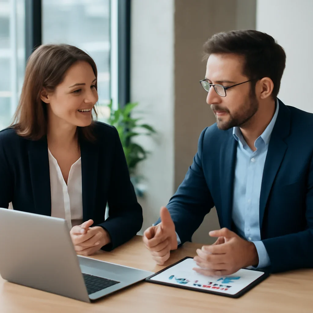 Business owner discussing SEO in Georgia growth goals with a consultant