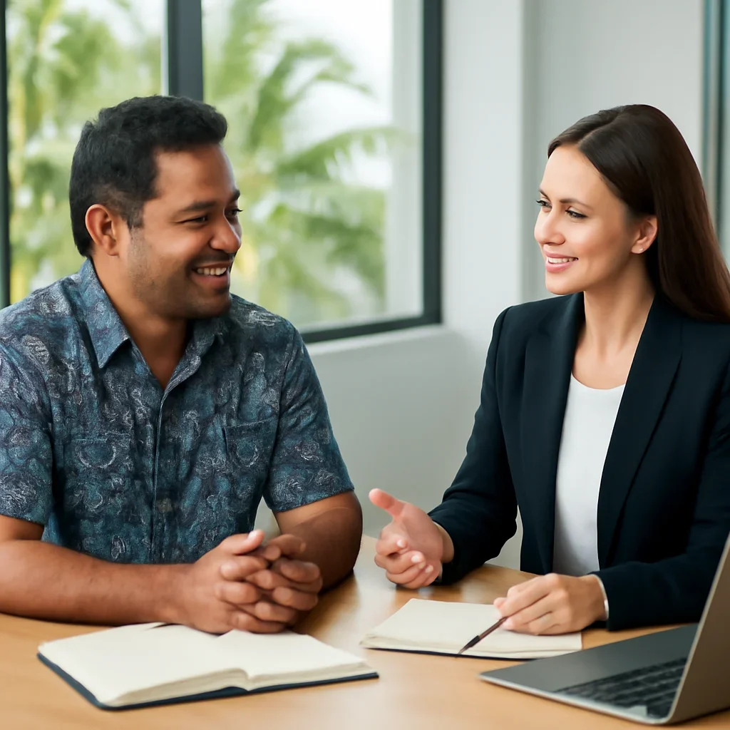Business owner discussing Branding in Hawaii growth goals with a consultant
