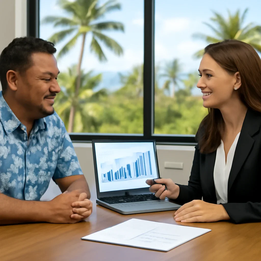 Business owner discussing SEO in Hawaii growth goals with a consultant