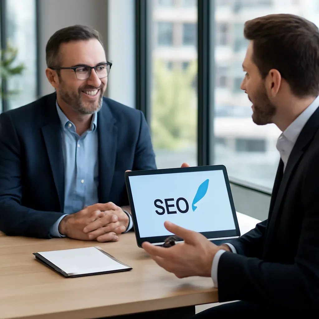 Business owner discussing SEO in Houston, TX growth goals with a consultant