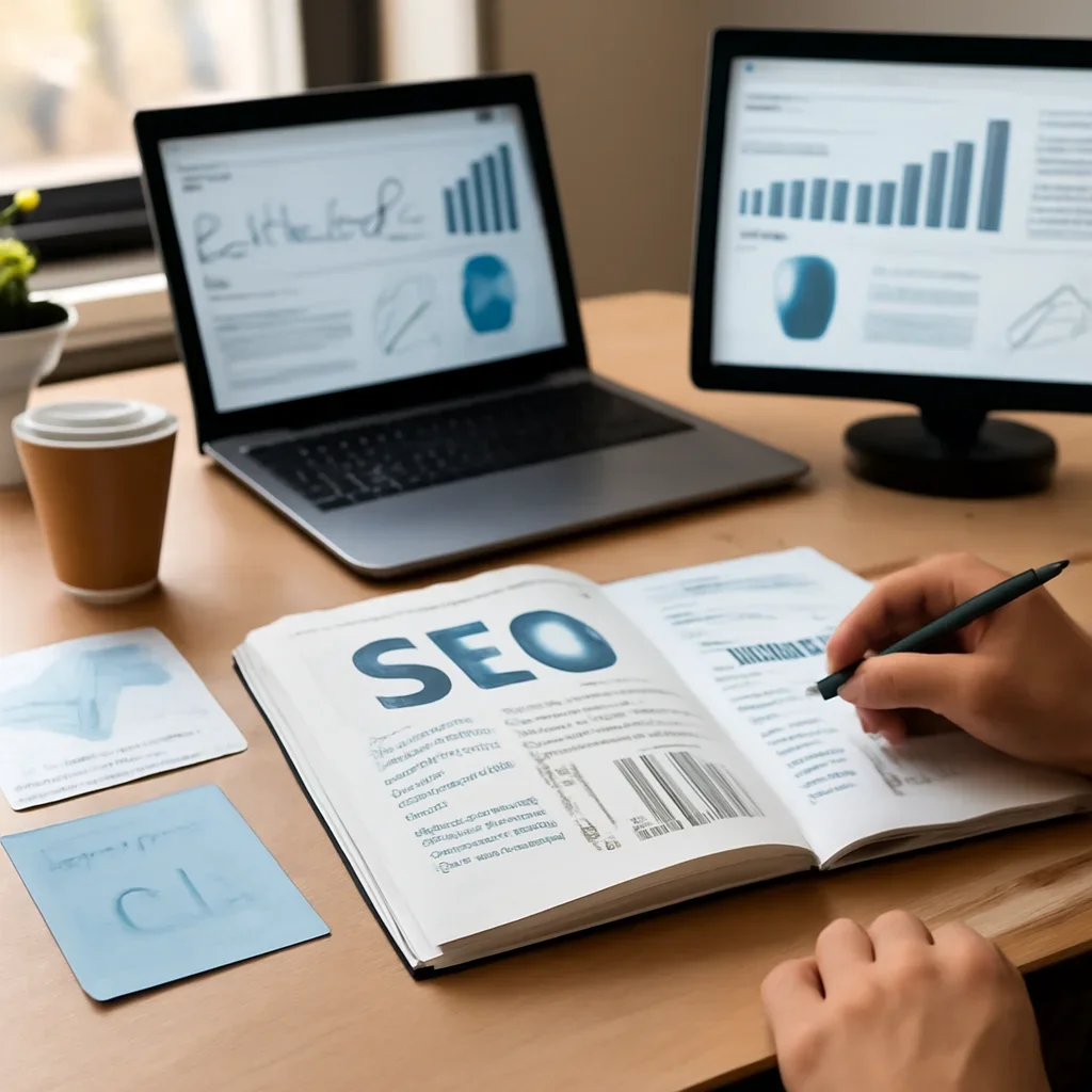 SEO in Houston, TX planning materials and performance review workspace