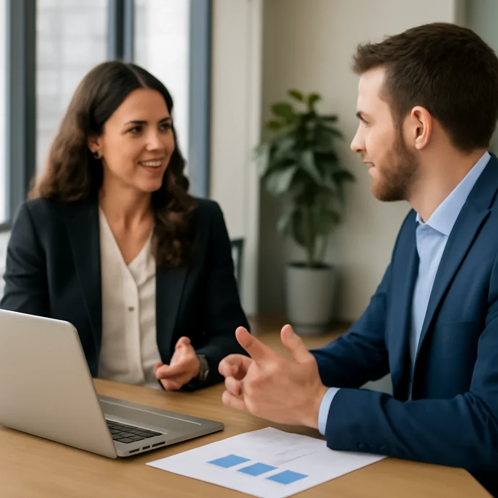 Business owner discussing SEO in Illinois growth goals with a consultant