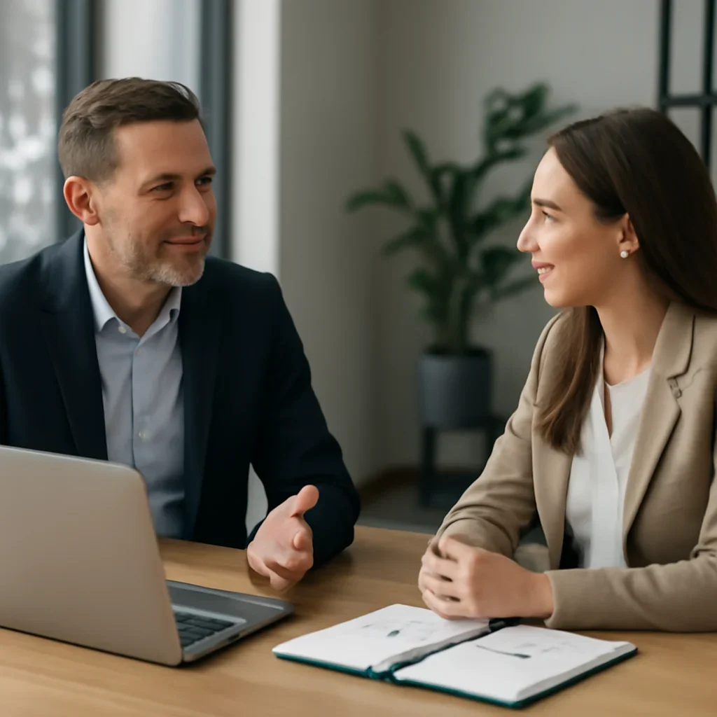 Business owner discussing SEO in Indiana growth goals with a consultant