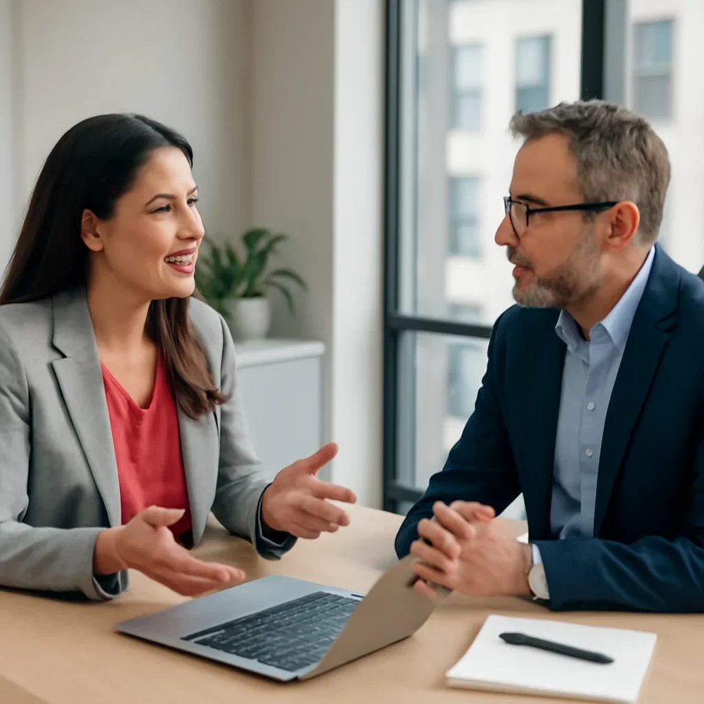 Business owner discussing Branding in Iowa growth goals with a consultant