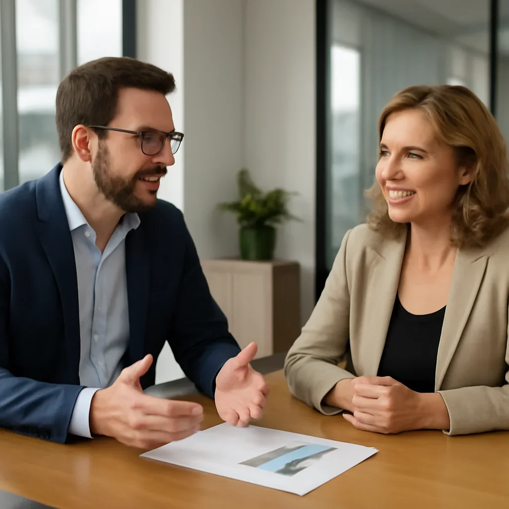 Business owner discussing SEO in Iowa growth goals with a consultant