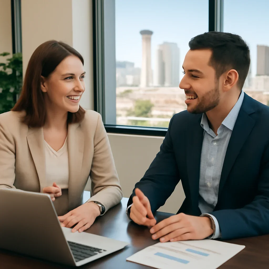 Business owner discussing SEO in Las Vegas, NV growth goals with a consultant