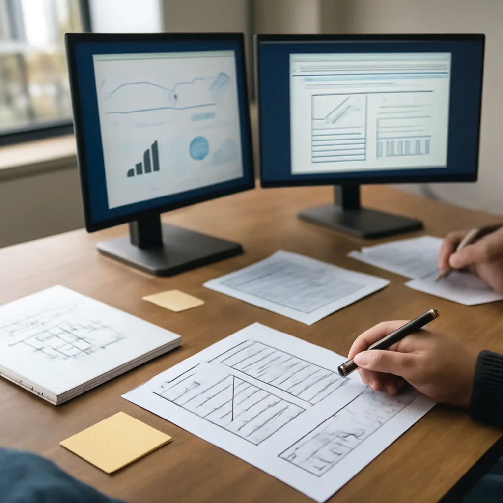 Web Design in Los Angeles, CA planning materials and performance review workspace