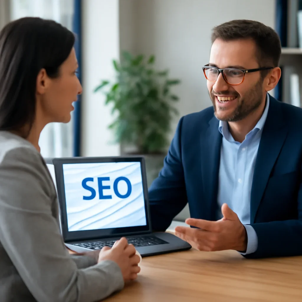 Business owner discussing SEO in Massachusetts growth goals with a consultant