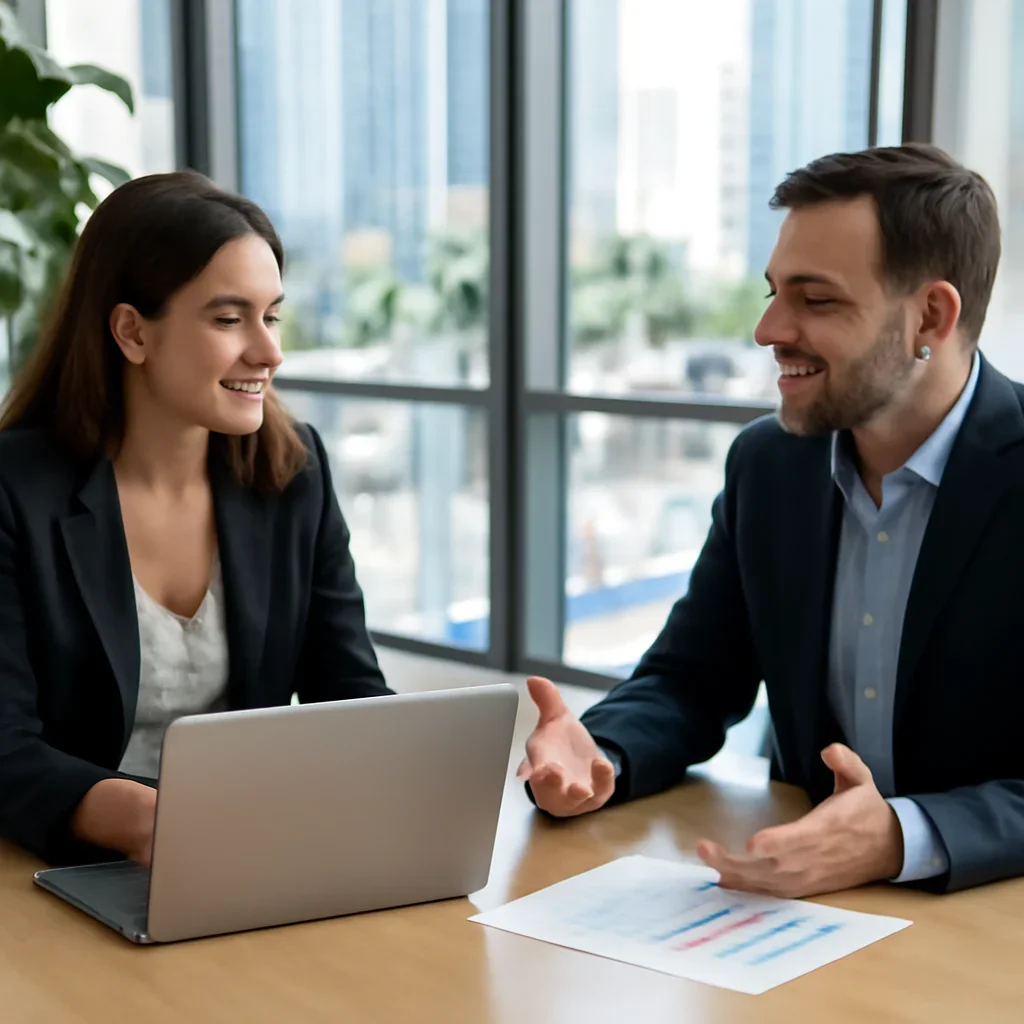 Business owner discussing SEO in Miami, FL growth goals with a consultant