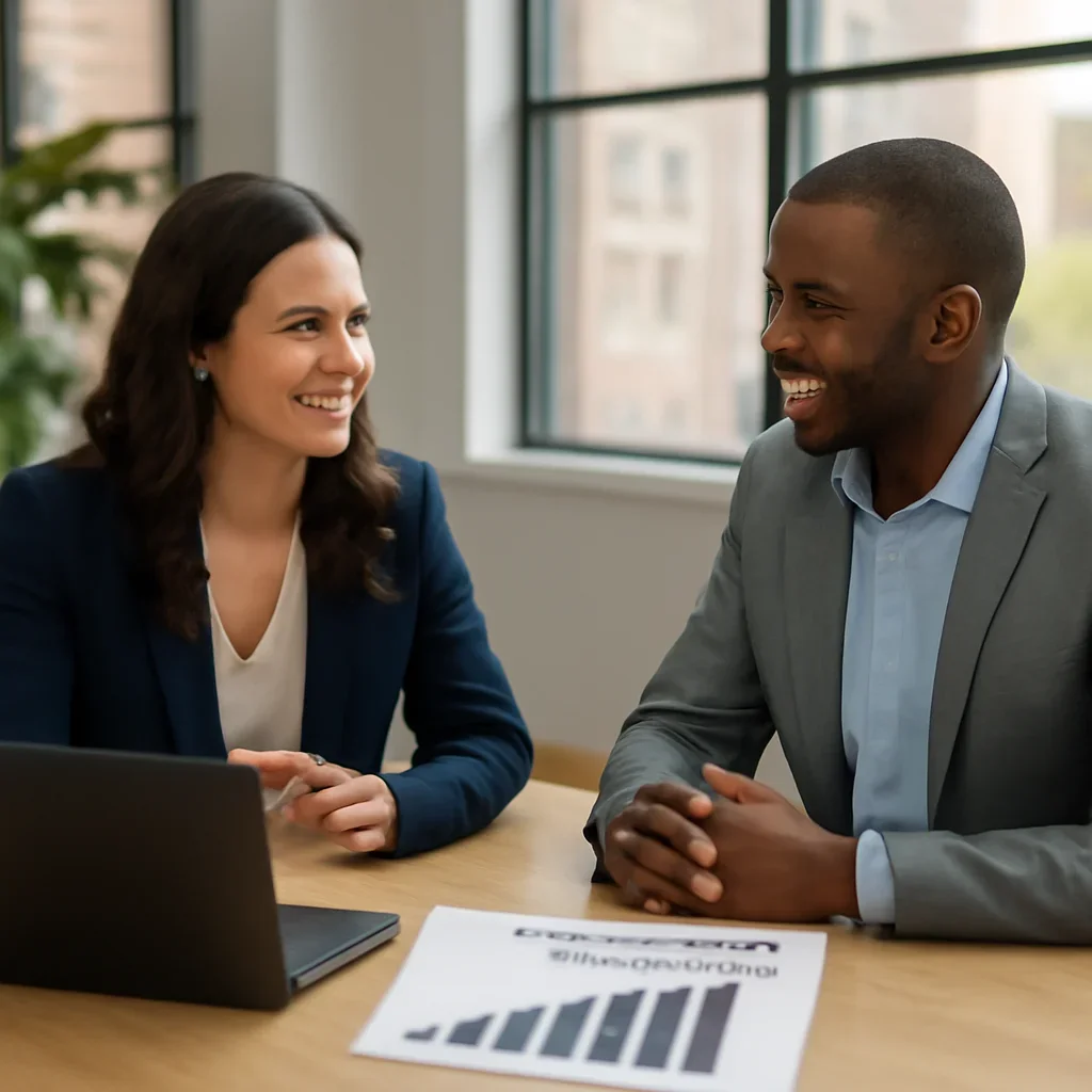 Business owner discussing SEO in Milwaukee, WI growth goals with a consultant