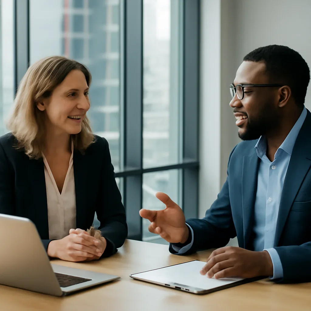 Business owner discussing Branding in Minneapolis, MN growth goals with a consultant