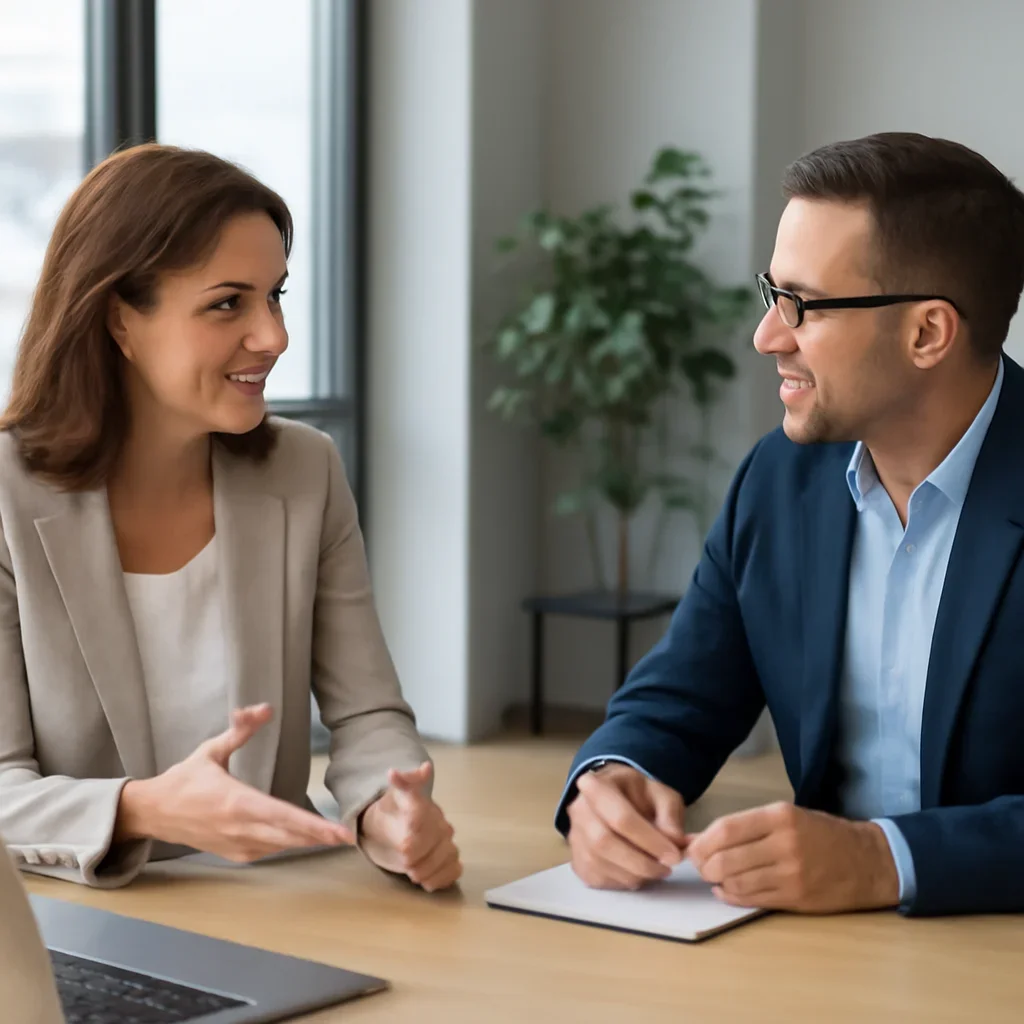 Business owner discussing Branding in New Jersey growth goals with a consultant