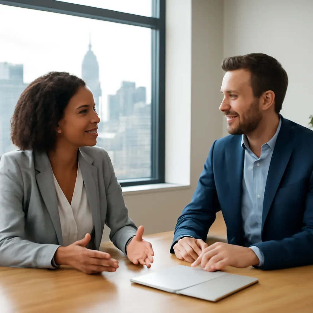 Business owner discussing Branding in New York, NY growth goals with a consultant