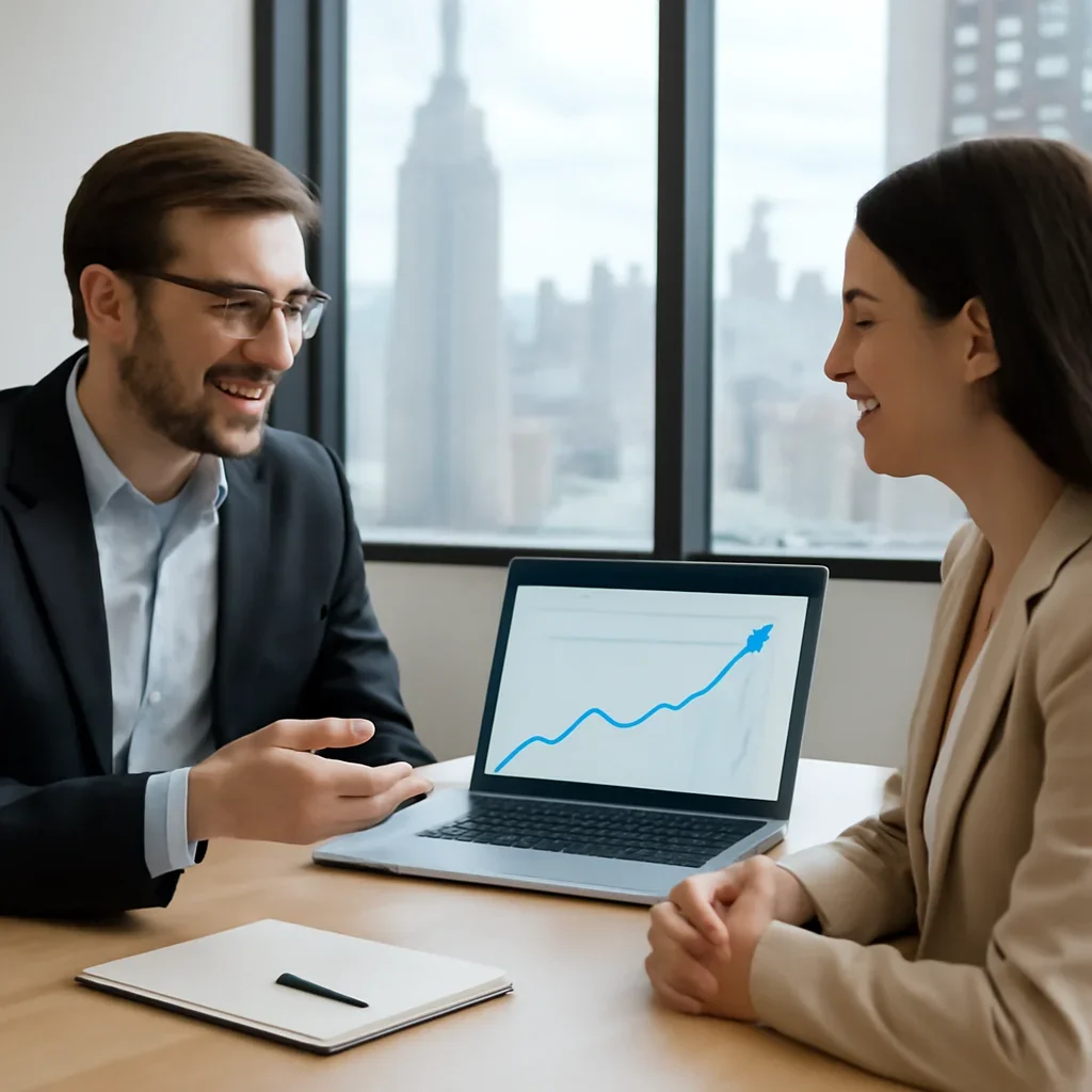 Business owner discussing SEO in New York, NY growth goals with a consultant