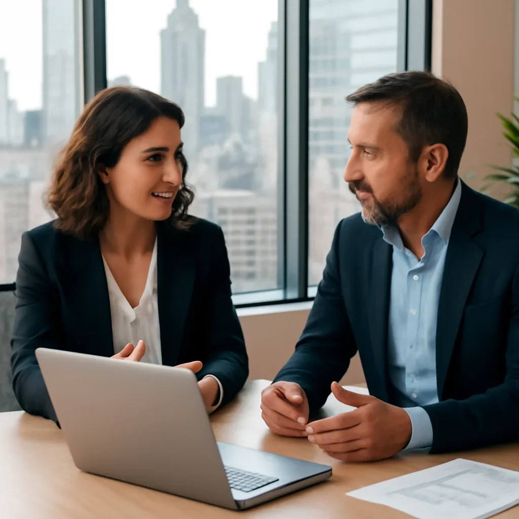 Business owner discussing SEO in New York growth goals with a consultant