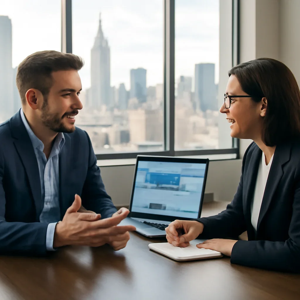 Business owner discussing Web Design in New York growth goals with a consultant