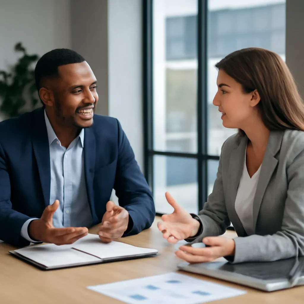 Business owner discussing Branding in Oklahoma growth goals with a consultant