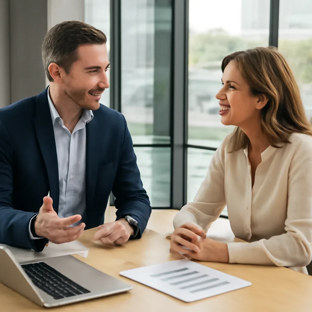 Business owner discussing SEO in Oregon growth goals with a consultant
