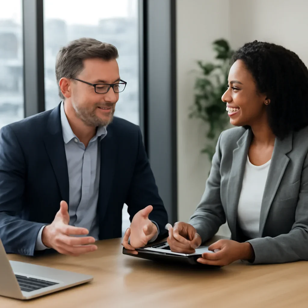 Business owner discussing Branding in Philadelphia, PA growth goals with a consultant