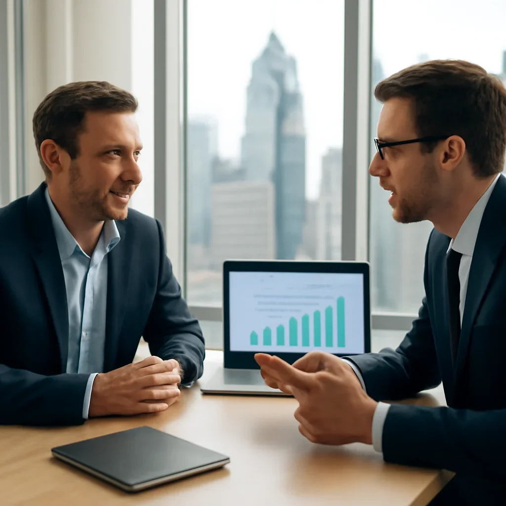 Business owner discussing SEO in Philadelphia, PA growth goals with a consultant