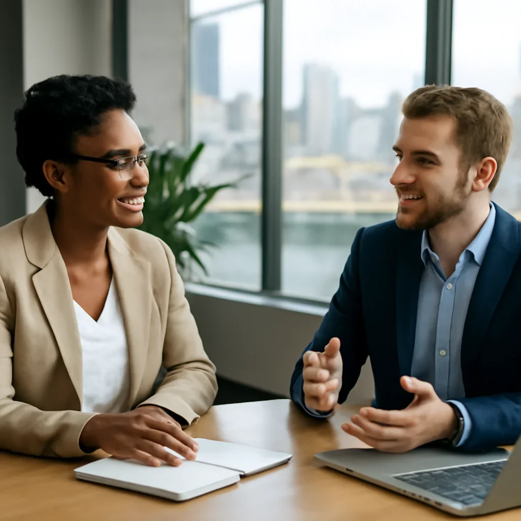 Business owner discussing Branding in Pittsburgh, PA growth goals with a consultant