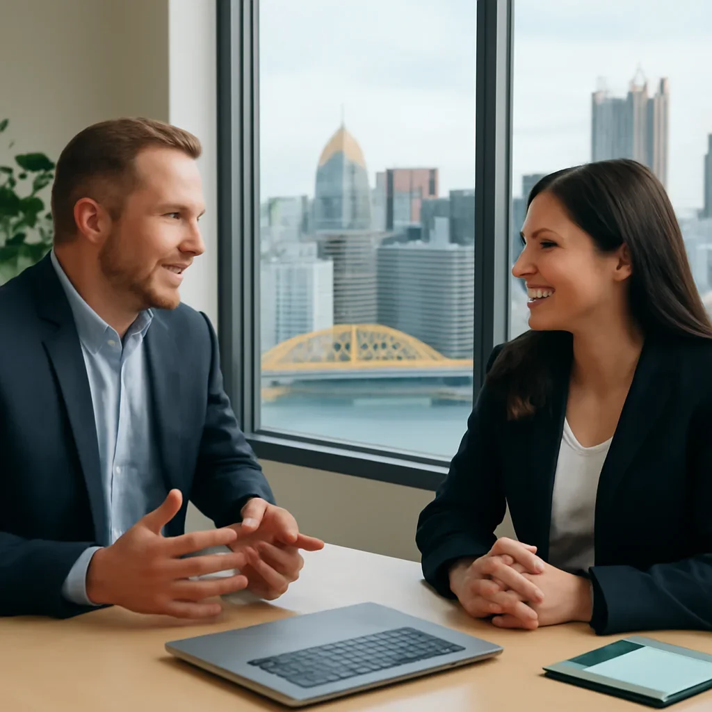 Business owner discussing SEO in Pittsburgh, PA growth goals with a consultant
