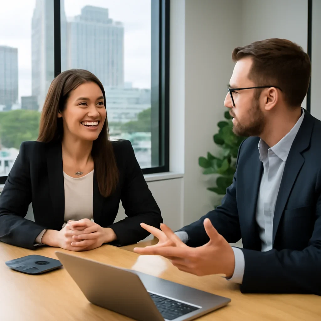 Business owner discussing SEO in Raleigh, NC growth goals with a consultant
