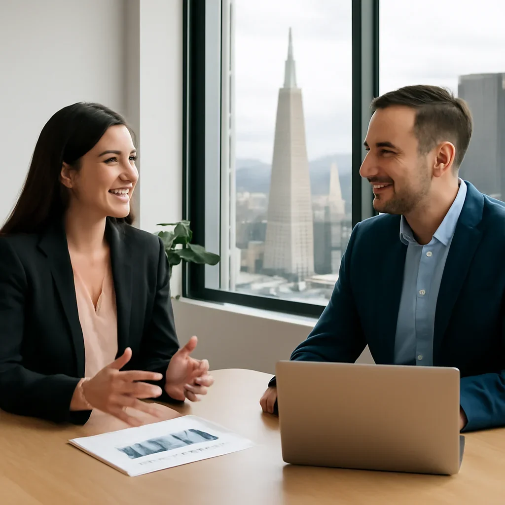 Business owner discussing SEO in San Francisco, CA growth goals with a consultant