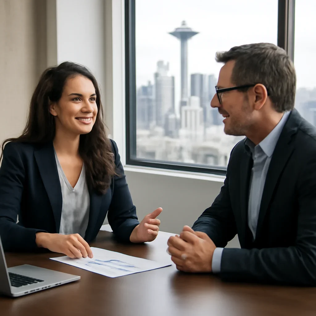 Business owner discussing Branding in Seattle, WA growth goals with a consultant