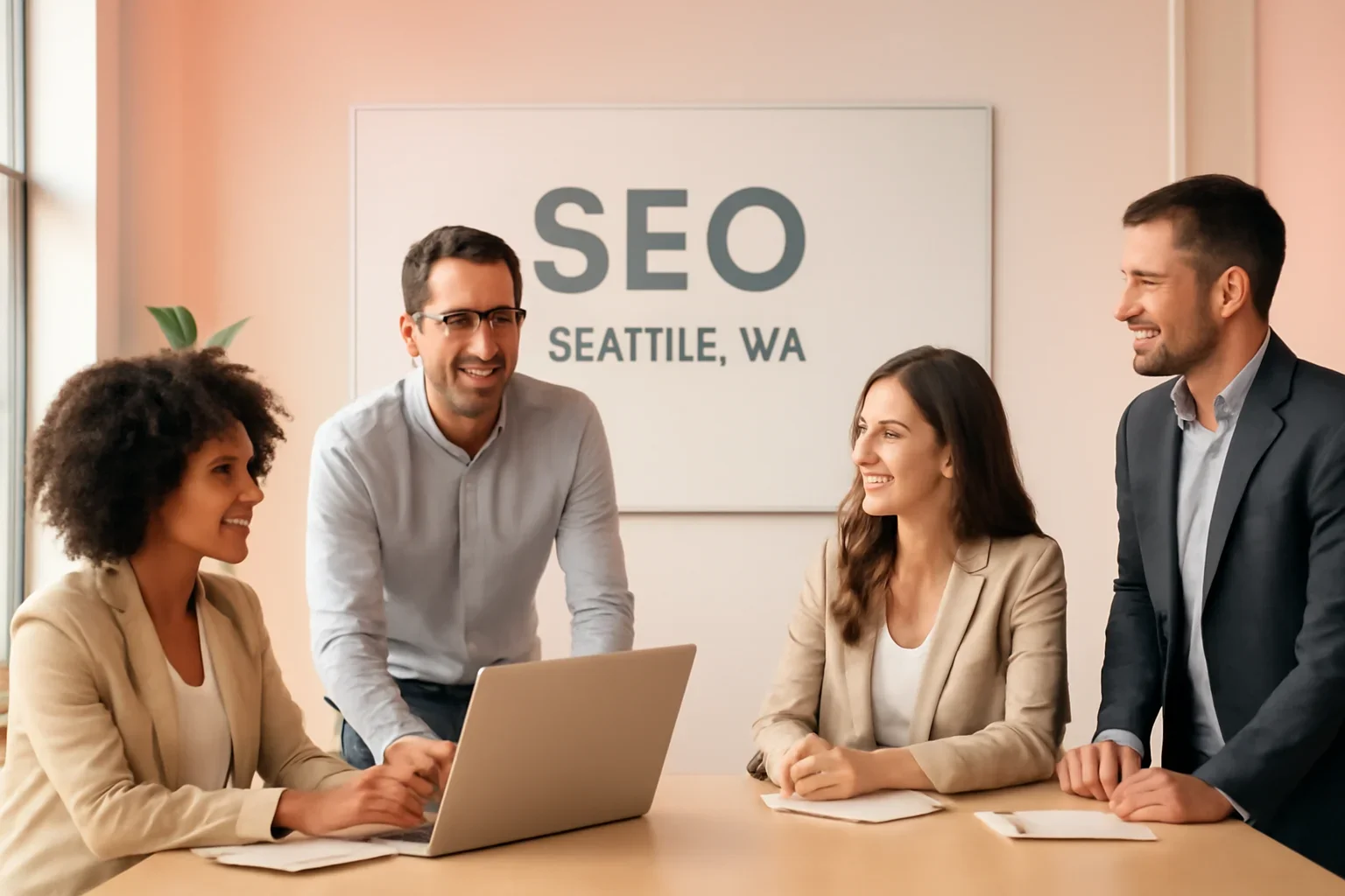 SEO in Seattle, WA strategy meeting with a modern digital marketing team