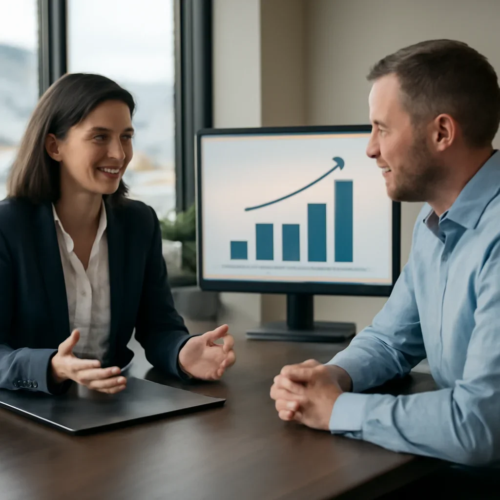 Business owner discussing Digital Marketing in Utah growth goals with a consultant