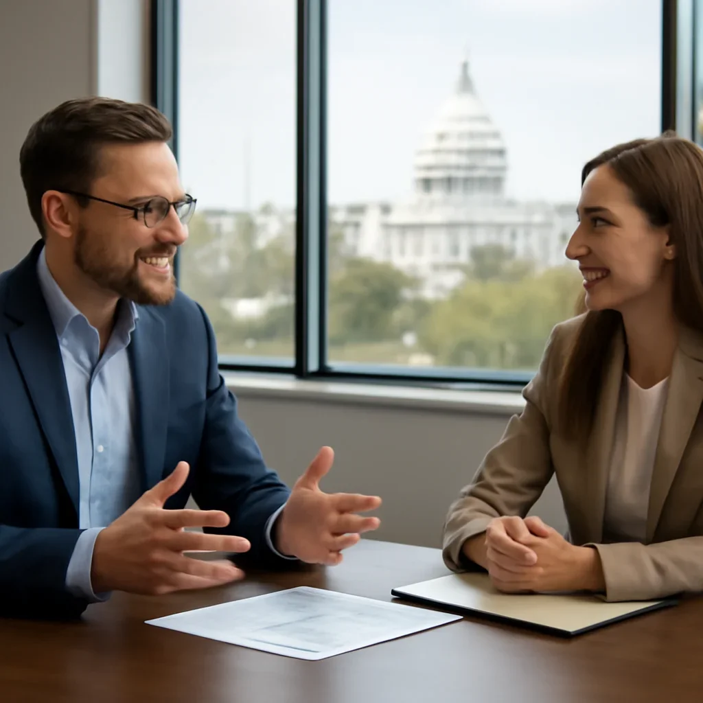 Business owner discussing Digital Marketing in Washington DC, DC growth goals with a consultant