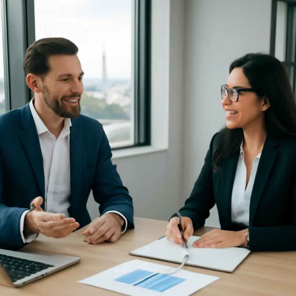 Business owner discussing SEO in Washington growth goals with a consultant