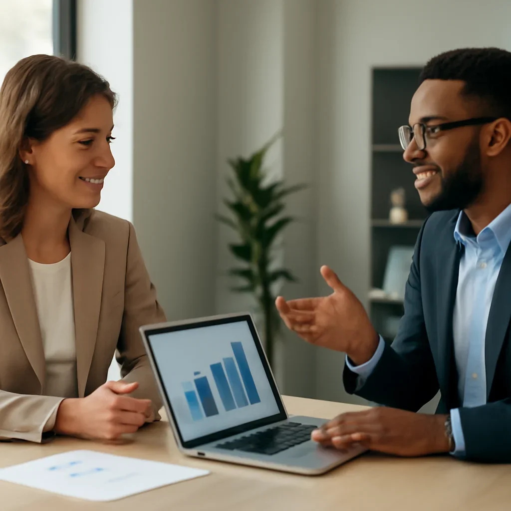 Business owner discussing Advertising Services growth goals with a consultant