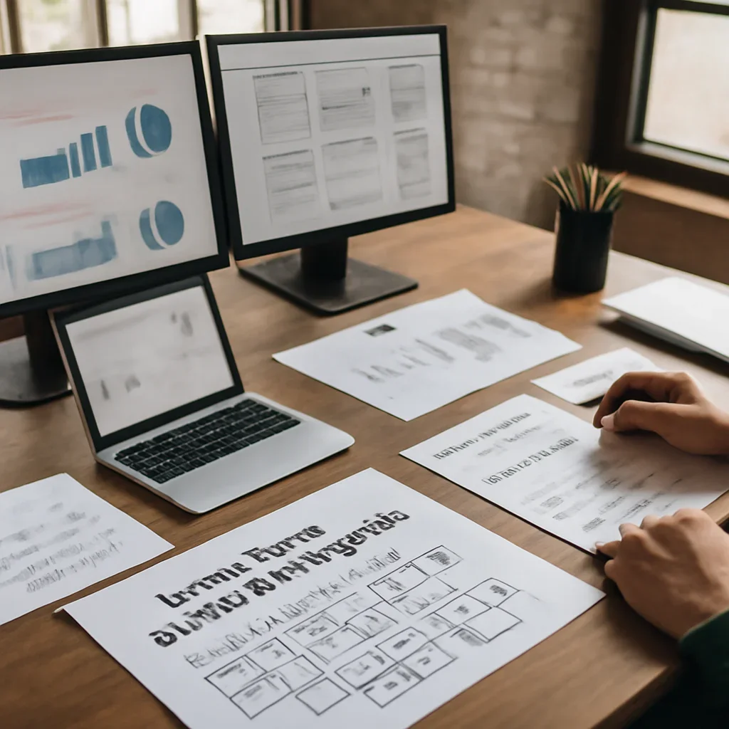 Brand Development Services planning materials and performance review workspace