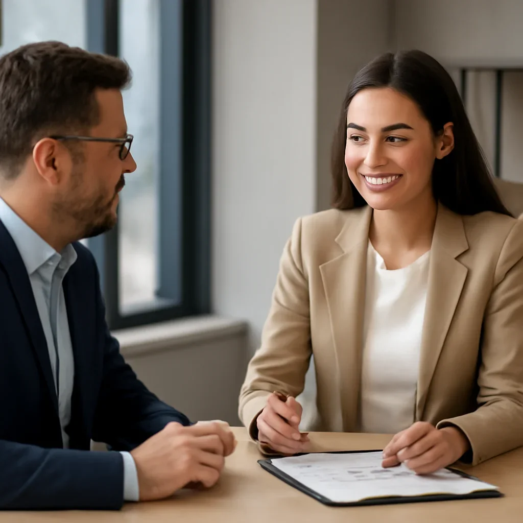 Business owner discussing Brand Identity Services growth goals with a consultant