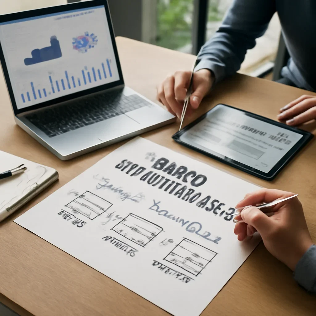 Brand Identity Services planning materials and performance review workspace
