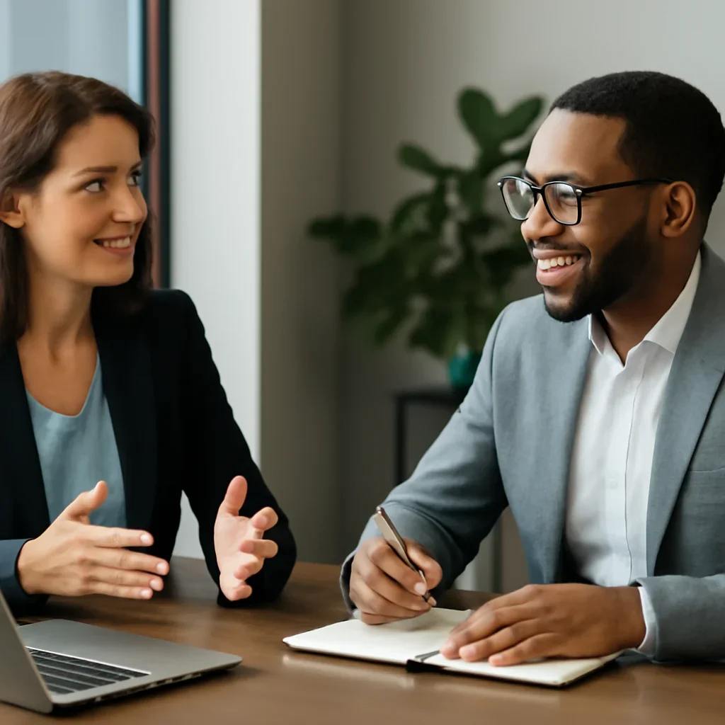 Business owner discussing Brand Strategy Services growth goals with a consultant