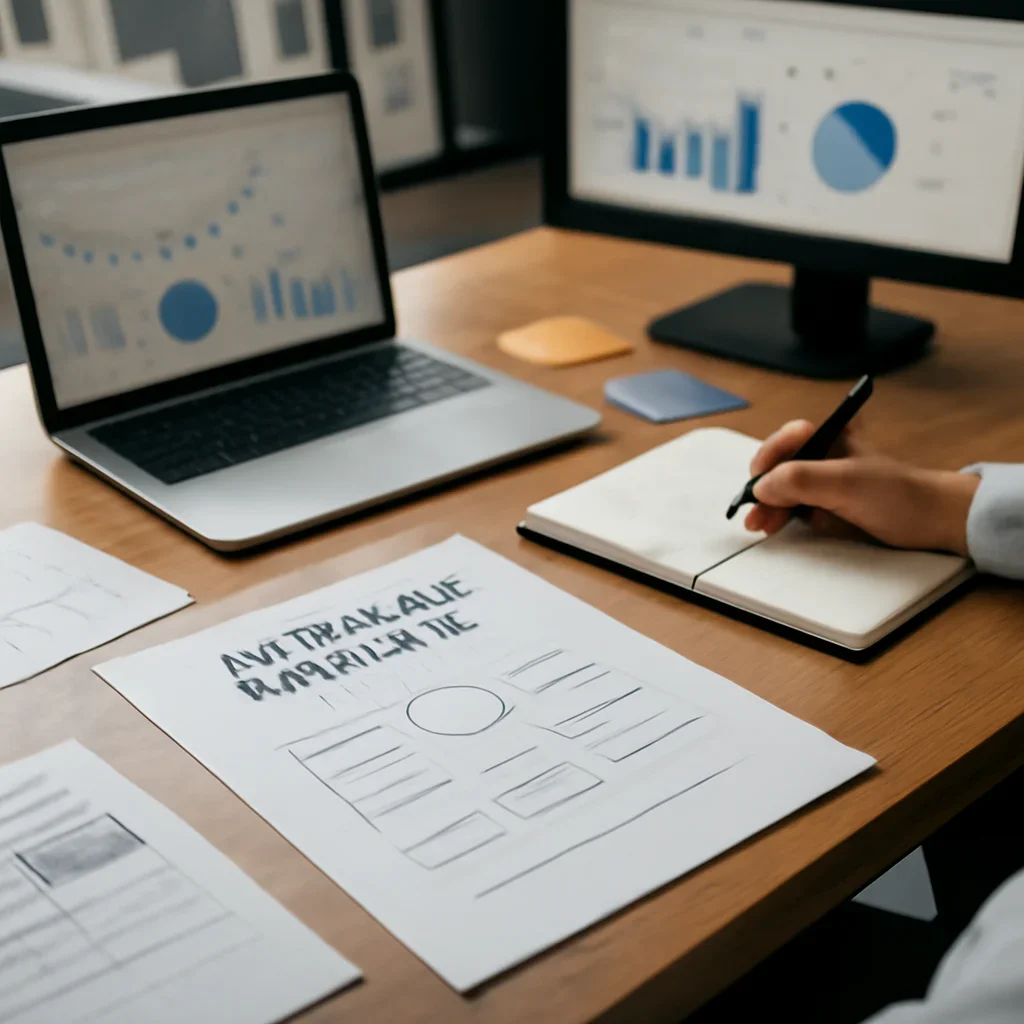 Brand Strategy Services planning materials and performance review workspace