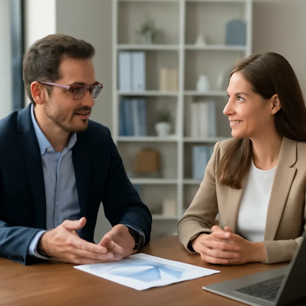 Business owner discussing Branding Services growth goals with a consultant