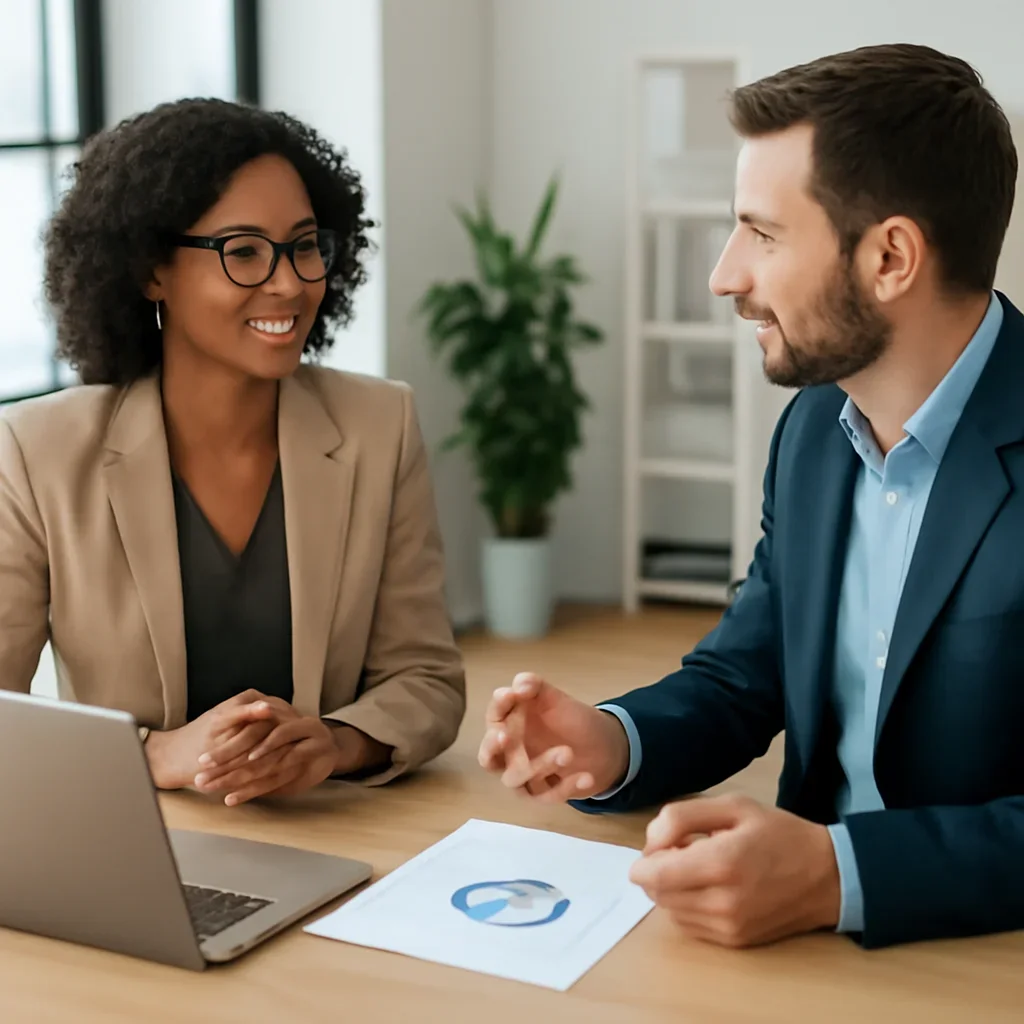 Business owner discussing Logo Design & Branding growth goals with a consultant